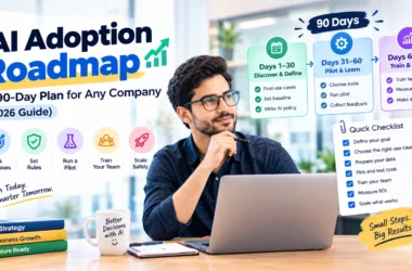 AI adoption roadmap infographic showing a 90-day AI implementation plan for businesses, including use case selection, AI usage policies, pilot testing, employee training, performance measurement, and scaling successful AI workflows.