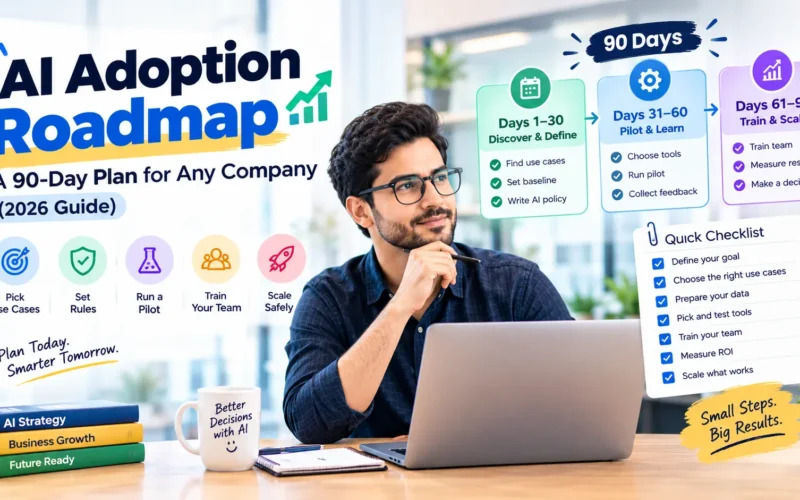 AI adoption roadmap infographic showing a 90-day AI implementation plan for businesses, including use case selection, AI usage policies, pilot testing, employee training, performance measurement, and scaling successful AI workflows.