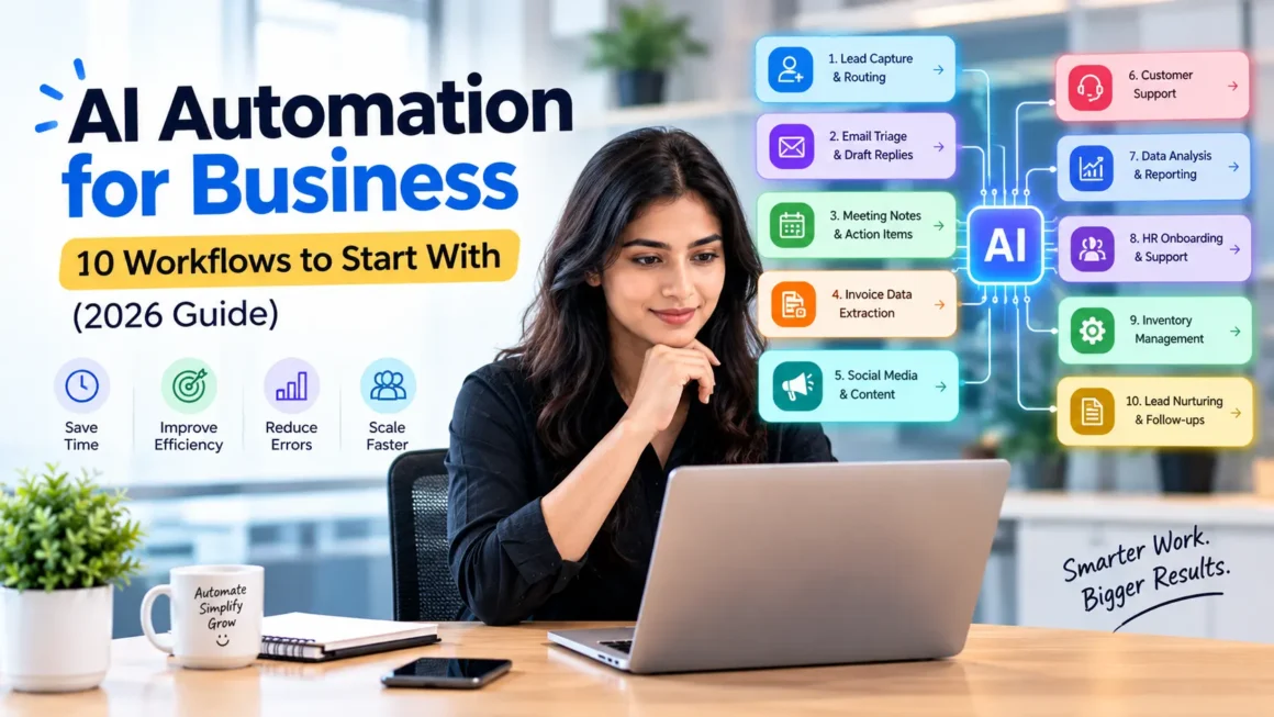 AI automation for business showing 10 workflows, including lead routing, email automation, meeting summaries, invoice processing, customer support, and data analytics.