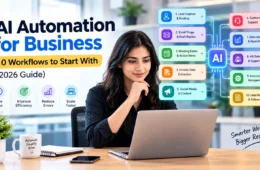 AI automation for business showing 10 workflows, including lead routing, email automation, meeting summaries, invoice processing, customer support, and data analytics.