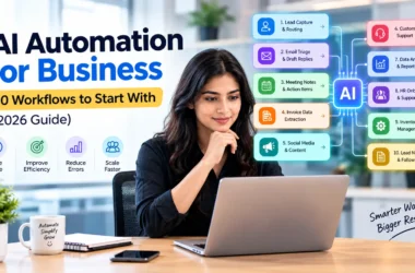 AI automation for business showing 10 workflows, including lead routing, email automation, meeting summaries, invoice processing, customer support, and data analytics.