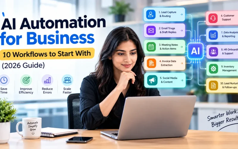 AI automation for business showing 10 workflows, including lead routing, email automation, meeting summaries, invoice processing, customer support, and data analytics.