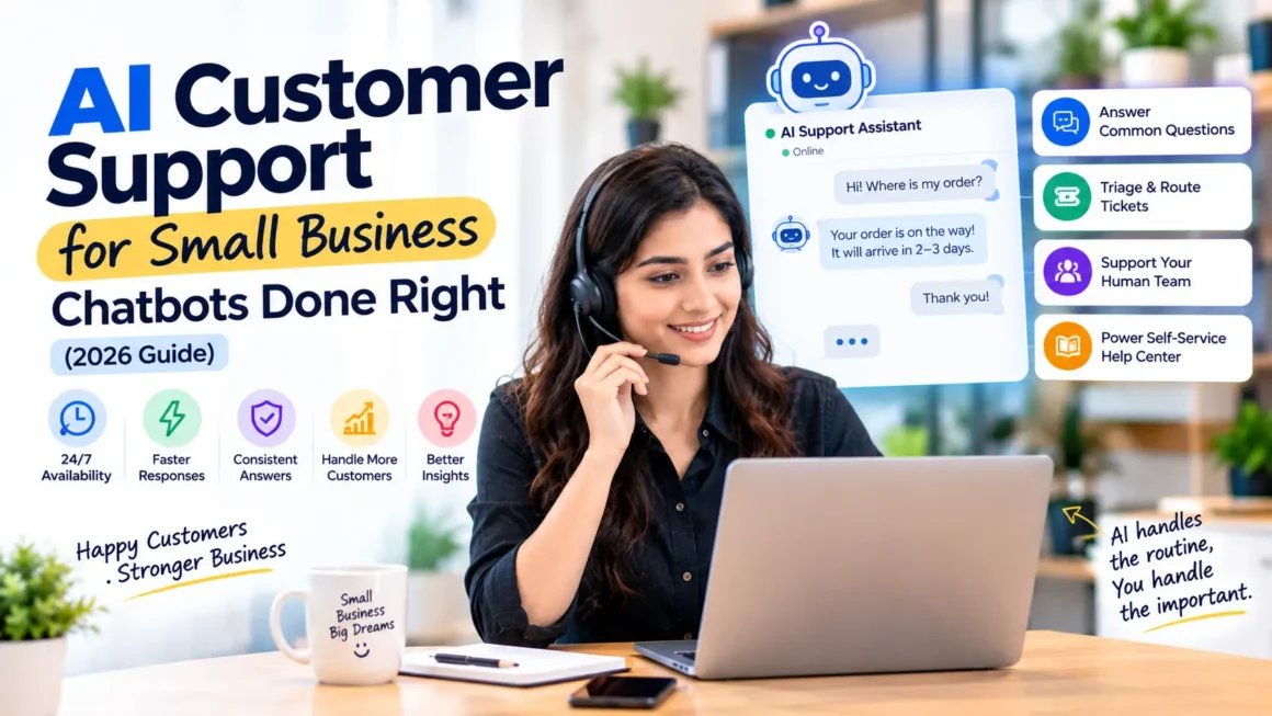 AI customer support for small businesses featuring chatbots, automated ticket routing, 24/7 customer service, and human support agents.