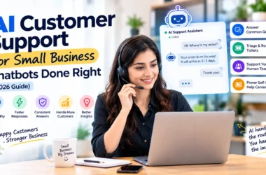 AI customer support for small businesses featuring chatbots, automated ticket routing, 24/7 customer service, and human support agents.