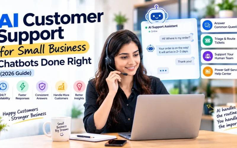 AI customer support for small businesses featuring chatbots, automated ticket routing, 24/7 customer service, and human support agents.
