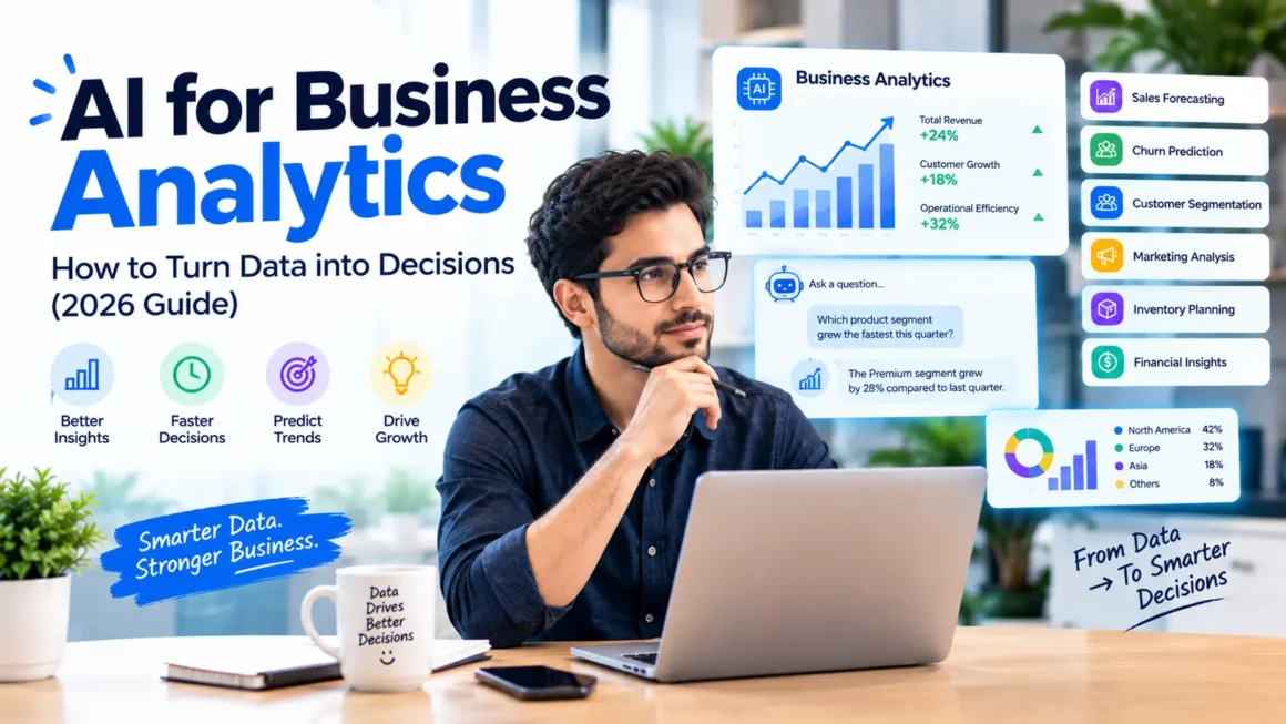 AI for business analytics dashboard showing sales forecasting, customer churn prediction, marketing performance analysis, and data-driven decision-making for businesses.