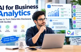 AI for business analytics dashboard showing sales forecasting, customer churn prediction, marketing performance analysis, and data-driven decision-making for businesses.