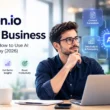 AI for business showing workflow automation, customer support, data analytics, and productivity tools in a modern office.