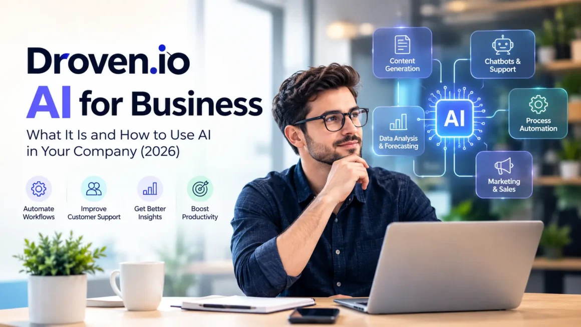 AI for business showing workflow automation, customer support, data analytics, and productivity tools in a modern office.
