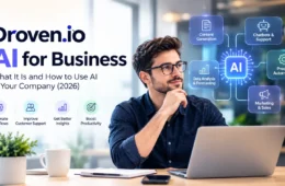 AI for business showing workflow automation, customer support, data analytics, and productivity tools in a modern office.