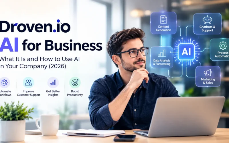 AI for business showing workflow automation, customer support, data analytics, and productivity tools in a modern office.